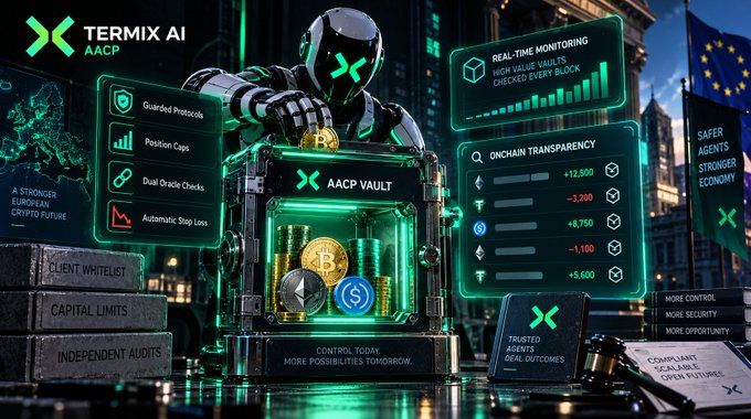 A promotional graphic for 'TERMIX AI' featuring a robotic figure in front of an 'AACP VAULT' filled with cryptocurrency, surrounded by panels highlighting features like 'Real-Time Monitoring', 'Guarded Protocols', and 'Onchain Transparency'.