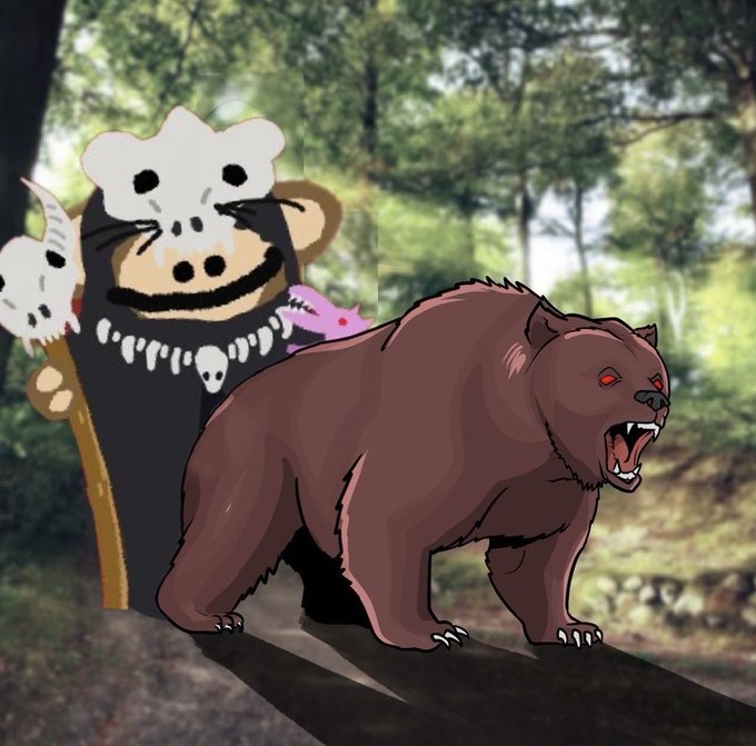 A digital illustration showing a snarling, muscular brown bear with red eyes and a tribal figure wearing a bone necklace in a wooded setting.