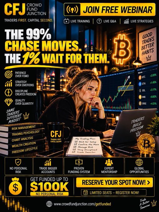A promotional advertisement for CFJ (Crowd Fund Junction) offering a free webinar about crypto trading, featuring the slogans 'THE 99% CHASE MOVES. THE 1% WAIT FOR THEM' and promising up to $100K in funding with no personal risk.