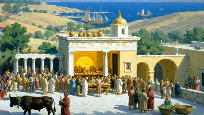 A classical painting depicting a bustling ancient marketplace with crowds gathered around a grand columned building, with a bull in the foreground and sailing ships on the sea in the background.