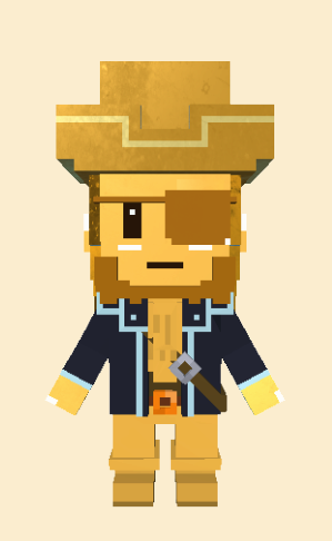 A pixel art character of a pirate with an eye patch, beard, and golden crown, wearing a navy coat and holding a sword.