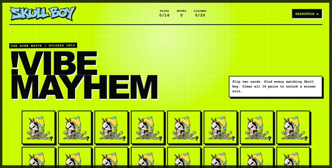 A bright green Skull Boy "VIBE MAYHEM" memory match game page, where players flip cards to find matching Skull Boy pairs across 16 card slots, with instructions reading "Flip two cards. Find every matching Skull Boy. Clear all 16 pairs to unlock a winner slot," alongside stats showing 0/16 Pairs, 0 Moves, and 0/20 Claimed, tied to an exclusive NFT holder contest offering 20 secret winner spots for Eazystyler's upcoming drop.