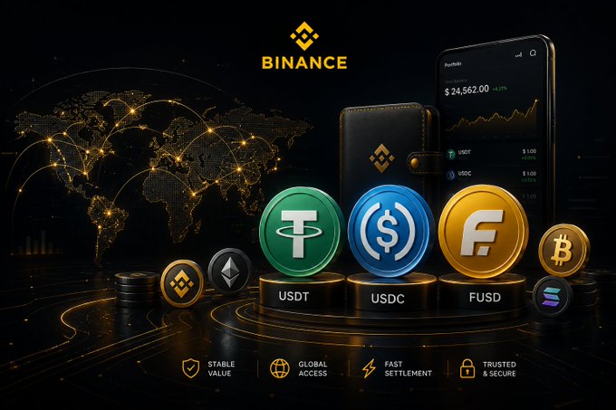 The image showcases a Binance-branded promotional graphic featuring major stablecoins—USDT, USDC, and FUSD—as prominent 3D coins, alongside a digital wallet and smartphone displaying a portfolio valued at $24,562.00 with USDT and USDC holdings. Set against a glowing world map and highlighted by features like "Stable Value," "Global Access," "Fast Settlement," and "Trusted & Secure," the visual directly reinforces the post's message by illustrating how these specific stablecoins maintain consistent value (pegged to the US dollar) rather than fluctuating like typical cryptocurrencies.
