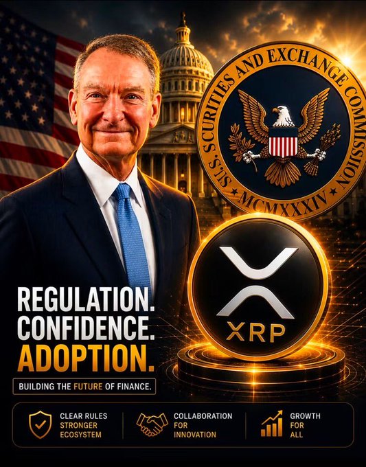 A promotional-style graphic features Paul Atkins in front of the U.S. Capitol, with text reading 'REGULATION. CONFIDENCE. ADOPTION. BUILDING THE FUTURE OF FINANCE.' alongside the XRP logo and Securities and Exchange Commission seal.