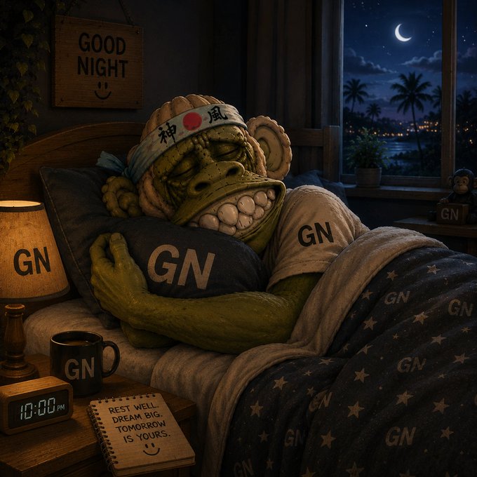 An AI-generated illustration of a green goblin-like creature sleeping in bed wearing a Japanese headband, with 'GN' (Good Night) repeated across the bedding, mug, lamp, and pillows, alongside a 'GOOD NIGHT' sign.