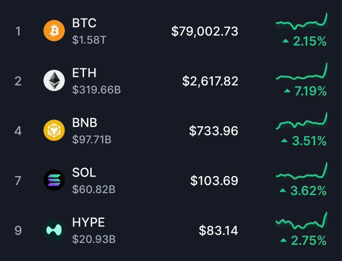 A cryptocurrency market display showing prices and 24-hour gains for BTC ($79,002.73, +2.15%), ETH ($2,617.82, +7.19%), BNB ($733.96, +3.51%), SOL ($103.69, +3.62%), and HYPE ($83.14, +2.75%).