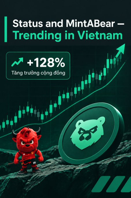 A promotional graphic titled 'Status and MintABear — Trending in Vietnam' showing a +128% community growth stat, a rising green candlestick chart, a red bear mascot, and a circular token with a green bear logo.