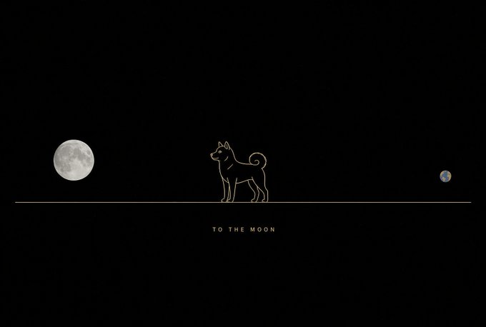 A minimalist black design featuring a line-art dog standing on a horizontal line between an image of the moon on the left and Earth on the right, with the text 'TO THE MOON' centered below.