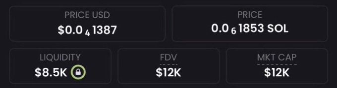 The image shows a token's market metrics including a price of $0.041387 USD (0.061853 SOL), $8.5K liquidity, and a $12K FDV and market cap. This illustrates the post's pitch for a micro-cap meme coin, where the $10K–$12K market value serves as the basis for the "1000x to $10 million" promise if held.
