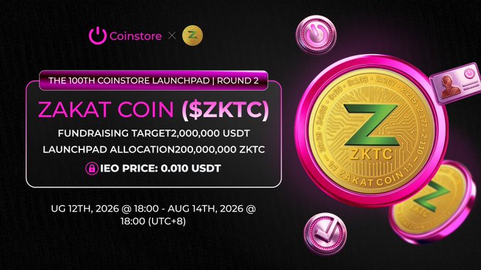 An advertisement banner for 'Zakat Coin ($ZKTC)' on Coinstore's 100th Launchpad Round 2, featuring gold and pink coins and listing an IEO price of 0.010 USDT.