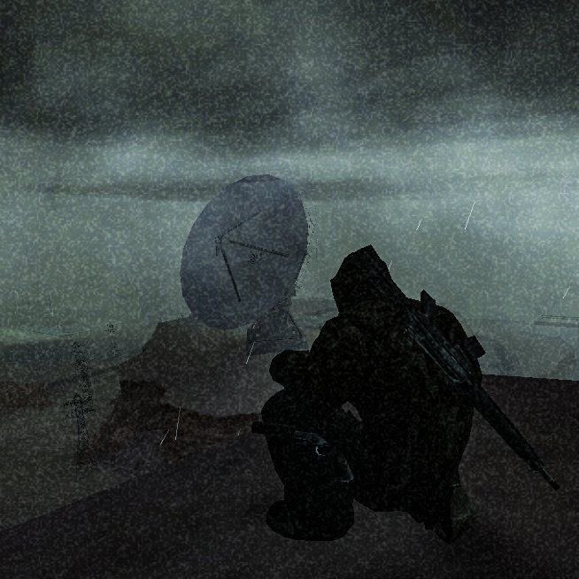 A very dark, low-visibility scene showing silhouettes of a figure using a satellite dish and another figure with what appears to be a weapon, set in a foggy or stormy environment with a grainy texture.
