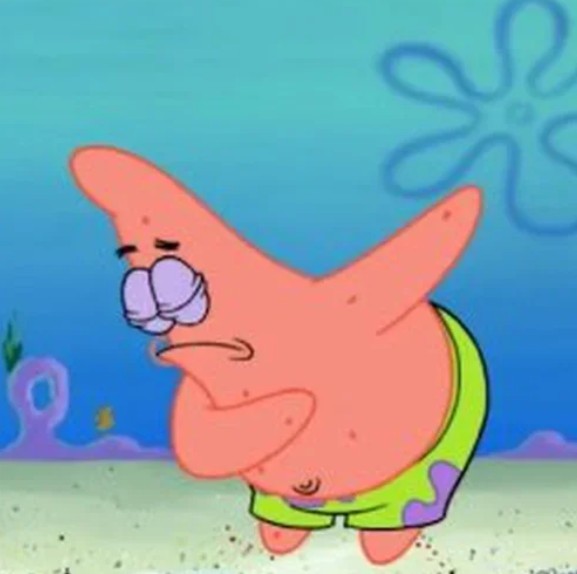 An animated image of Patrick Star from SpongeBob SquarePants standing in green shorts with a sad expression against an underwater scene.