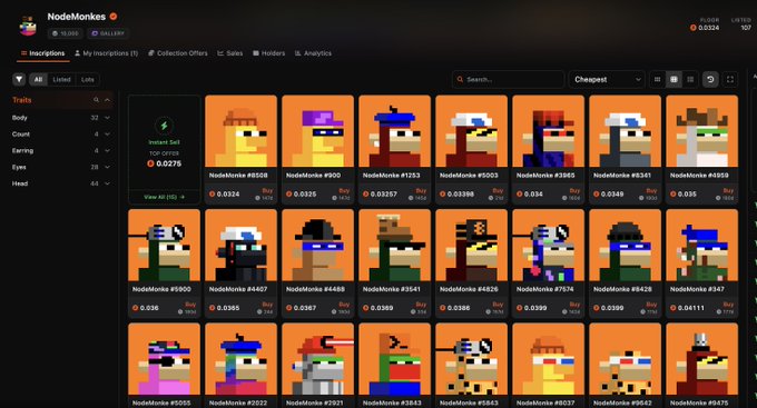 A screenshot of the 'NodeMonkes' NFT marketplace interface showing a grid of pixel-art monkey NFT listings with prices in BTC, featuring traits like Hat, Body, Count, Earring, Eyes, and Head, with an 'Instant Sell' offer priced at 0.0276.