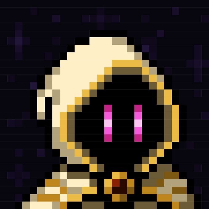 A close-up pixel art portrait of a hooded figure with a dark face and glowing pink/magenta rectangular eyes, set against a dark purple grid-like background. The character wears cream and brown clothing with visible straps or armor details.