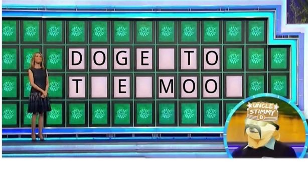 A Wheel of Fortune puzzle board displays 'DOGE TO' and 'TEMOO' with the woman host standing beside it, and a circular 'Uncle Stimmy' logo in the bottom right corner.