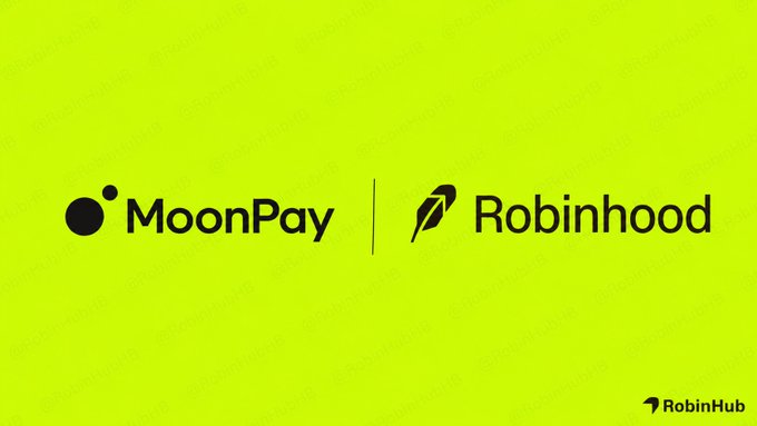 The image displays the MoonPay and Robinhood logos side by side on a bright yellow-green background, with the text "MoonPay | Robinhood" and a small "RobinHub" watermark in the bottom right corner. This visually reinforces the post's announcement that MoonPay has integrated Robinhood Chain, allowing users to purchase USDG and transfer it to any wallet in a single transaction.