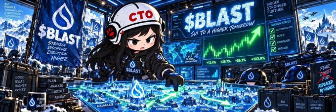 A digital artwork featuring an anime-style character wearing a helmet labeled "CTO" and a jacket labeled "$BLAST", with the text "$BLAST SU TO A HIGHER TOMORROW" and various performance metrics displayed on digital screens.