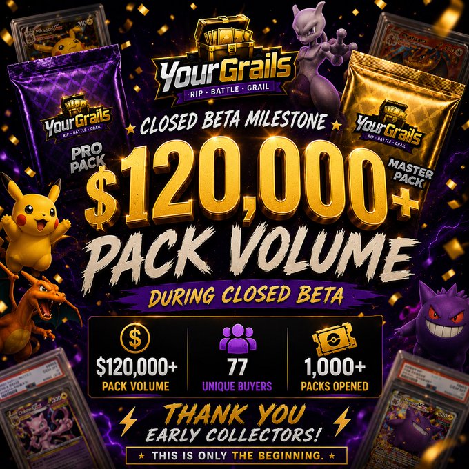 The image shows an advertisement for Pokémon cards called "Yourgrails" featuring various cartoon figures, including one with a purple dragon head that appears to be flying above other characters. There are many Pokémon packs available at this premium rate of $1.00 each or less and is being offered for purchase, and it offers a tempting opportunity to collect and battle the popular franchise using both free-and-paid packs. The post encourages early collectors by expressing appreciation for their interest in the game's beginning.