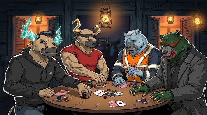 A digital illustration depicting four anthropomorphic characters—a masked canine with blue energy, a muscular deer smoking a cigar, a polar bear in a safety vest, and a bear in a suit—playing poker around a table.