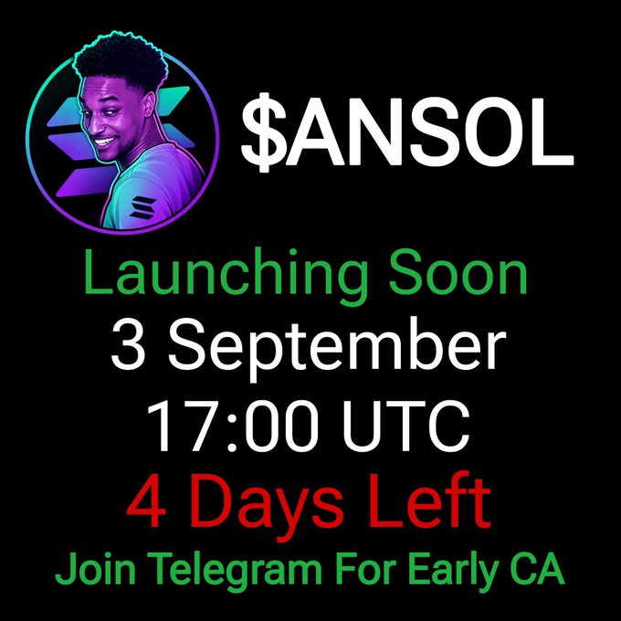 A promotional graphic for the $ANSOL token features a stylized cartoon portrait alongside "Launching Soon 3 September 17:00 UTC" and a red "4 Days Left" countdown, urging viewers to join Telegram for an early contract address—directly tying into the post's call for users to drop their Solana wallet addresses for the upcoming airdrop or token claim.