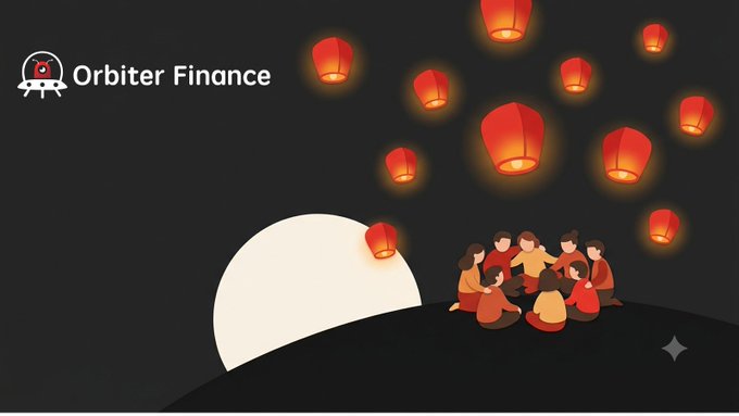An illustration by Orbiter Finance depicting the Mid-Autumn Festival and Chuseok, featuring a group of people gathered on a hill beneath a bright moon while releasing glowing red sky lanterns into the night sky. The accompanying message celebrates both East Asian holidays occurring on the same day, emphasizing shared traditions of family reunion and gratitude under one common moon.
