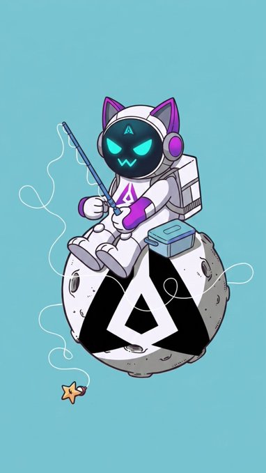 A cute cartoon astronaut-cat character with glowing teal eyes sits on a moon featuring a triangular logo, fishing with a rod that has a star-shaped lure dangling from the line.