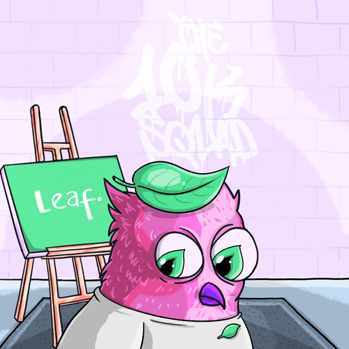 A cartoon illustration of a pink owl-like character with green eyes and a green leaf on its head, standing next to a green canvas reading 'Leaf.' on an easel, with graffiti on a purple brick background.