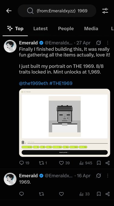 A screenshot of an X (Twitter) post from @Emeraldxyz featuring a pixelated gray character profile. The text mentions building a portrait on 'THE 1969' with '8/8 traits locked in' and 'Mint unlocks at 1,969.'
