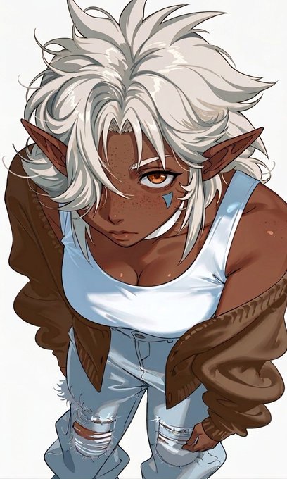 Anime-style digital artwork of a dark-skinned elf or fantasy character with white/silver messy hair, orange eyes, wearing a white tank top, brown jacket, and ripped jeans.