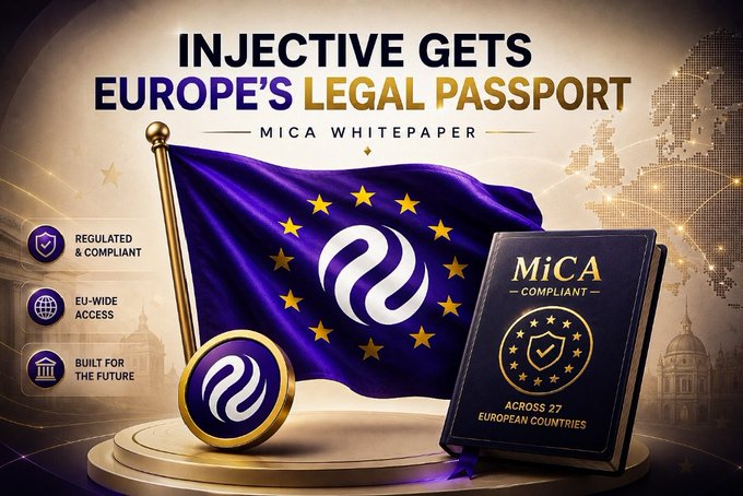 A promotional graphic titled 'INJECTIVE GETS EUROPE'S LEGAL PASSPORT - MiCA WHITEPAPER' featuring an EU flag and a MiCA Compliant book, highlighting regulated access across 27 European countries.