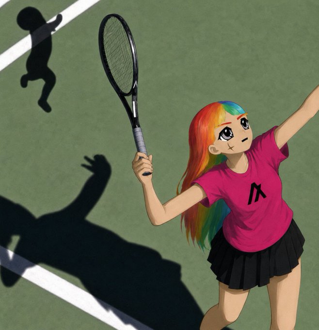 An anime-style illustration of a rainbow-haired girl in a pink shirt and black skirt holding a tennis racket on a green court, with a shadow of a dancing figure in the background.