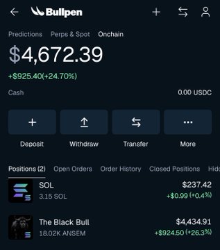 Screenshot of the Bullpen app interface showing a portfolio value of $4,672.39 with positions in SOL ($237.42) and 'The Black Bull' ($4,434.91).