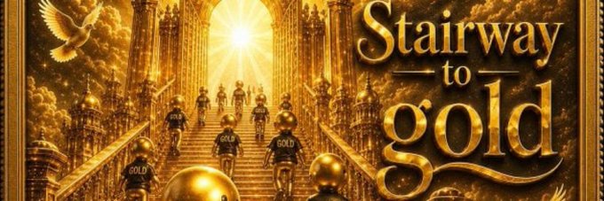 The image features a poster with a group of people riding bicycles up a staircase, which leads them towards the sun. The text "Stairway to gold" is written above the staircase, indicating that this is a promotional piece for a movie or show called "Stairway to Gold". The poster also includes a bird flying in front of the staircase and a large golden ball at the bottom right corner.