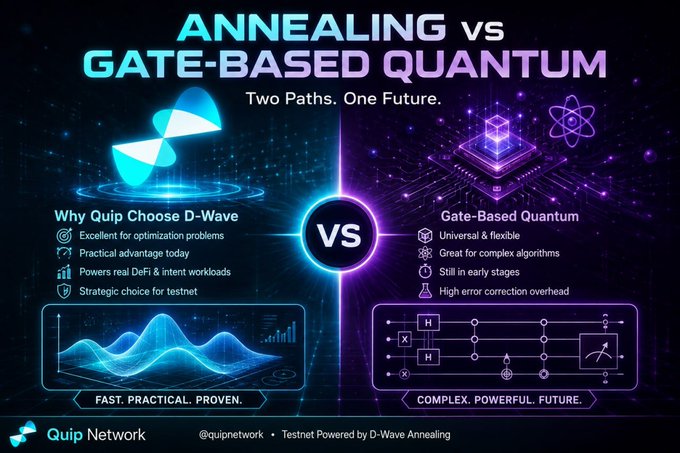 This is an infographic titled "ANNEALING vs GATE-BASED QUANTUM: Two Paths. One Future." comparing D-Wave quantum annealing (labeled "Why Quip Choose D-Wave" with benefits like being excellent for optimization problems, practical today, powering real DeFi & intent workloads, and strategically chosen for testnet) against Gate-Based Quantum computing (noted as universal & flexible but still in early stages with high error correction overhead), with the bottom showing "Quip Network @quipnetwork · Testnet Powered by D-Wave Annealing" and slogans "FAST. PRACTICAL. PROVEN." versus "COMPLEX. POWERFUL. FUTURE."

The image supports the post by illustrating Quip Network's strategic decision to use D-Wave's quantum annealing technology over gate-based quantum computing for their blockchain's cryptographic security, framing annealing as the more practical, ready-now approach for strengthening network signatures and protecting against quantum threats to DeFi and wallet infrastructure.