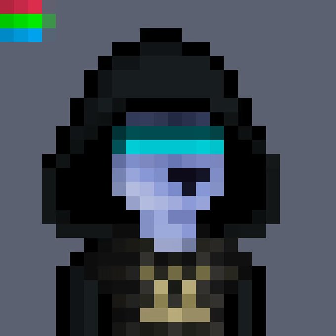 A pixel art portrait of a hooded figure with blue and cyan features, possibly a cyborg or sci-fi character, wearing dark clothing with gold accents.
