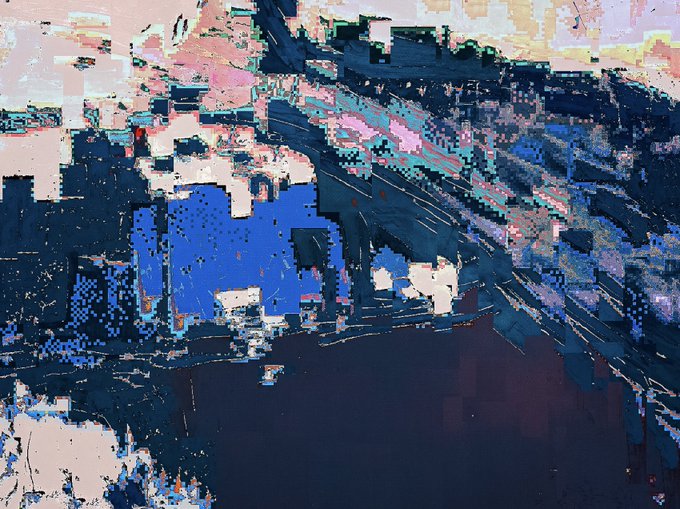 An abstract digital artwork with a pixelated, glitch-like aesthetic, featuring geometric shapes in shades of blue, pink, beige, and dark navy arranged in a fragmented composition.