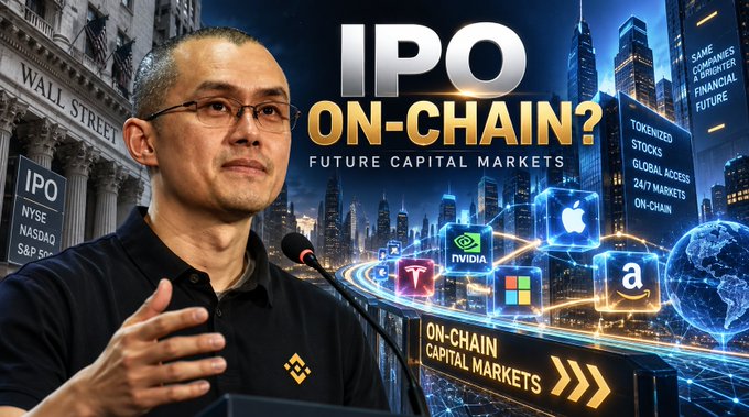 A promotional image titled 'IPO ON-CHAIN? FUTURE CAPITAL MARKETS' featuring Binance CEO Changpeng Zhao (CZ), with logos for Apple, NVIDIA, Tesla, Microsoft, Amazon, and the New York Stock Exchange.