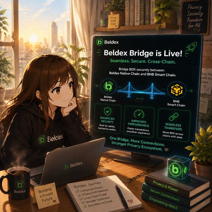 An anime-style promotional graphic shows a girl in a Beldex hoodie at a desk, with a screen displaying 'Beldex Bridge is Live!' and text reading 'Seamless. Secure. Cross-Chain.' The graphic highlights features like 'Enhanced Security', 'Improved Performance', and 'Seamless Transfers' between Beldex Native Chain and BNB Smart Chain.