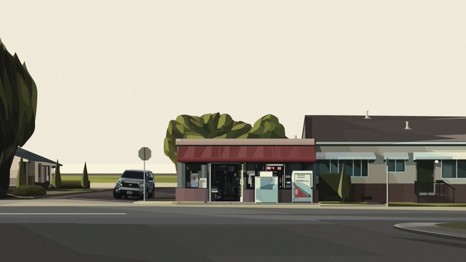 A minimalist, low-poly style digital painting depicts a small storefront with a red awning beside a residential house, with a parked car and stop sign on the street.