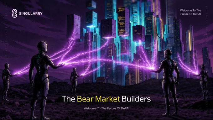 A Singularityry promotional banner titled 'The Bear Market Builders' depicts humanoid figures channeling purple lightning energy toward a futuristic cyberpunk cityscape, with text 'Welcome To The Future Of DeFAI'.