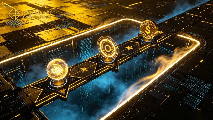 The image features a futuristic cityscape with three glowing coins placed at different positions along a bridge-like structure. The coins are positioned as if they're floating or hovering above the bridge, creating an illusion of movement. This scene could be related to Arkie AI App's concept of "Every ecosystem grows through stages." The coins represent access, understanding, execution, and value in the context of the app. The coins' positions on the bridge symbolize how Arkie AI App helps users navigate their way through the different stages of an ecosystem, from gaining access to resources (like the coins) to understanding how to utilize them effectively (floating or hovering), executing tasks (the coins moving across the bridge), and finally, realizing the value they've gained (the coins landing on a platform).