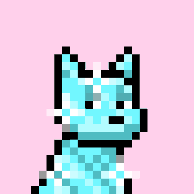Pixel art of a light-blue, cat-like character with dark outlines and raised ears against a pale pink background.