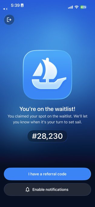 A mobile app screen with a blue gradient background showing a white sailboat icon and the message 'You're on the waitlist!' with position '#28,230', a phone number '4x', time '5:39', and buttons for 'I have a referral code' and 'Enable notifications'.