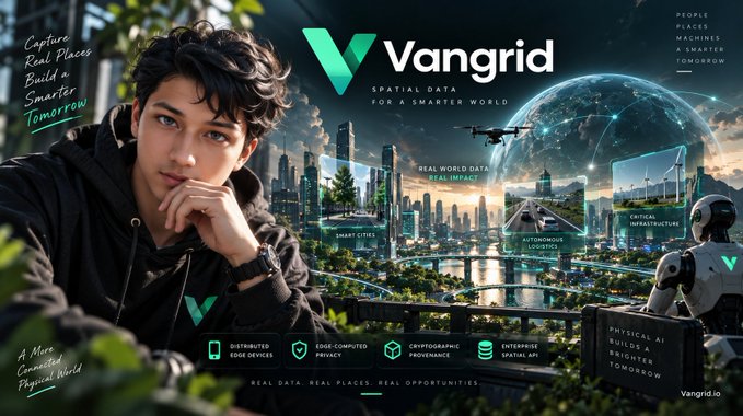 A promotional graphic for 'Vangrid - Spatial Data for a Smarter World' featuring a young man, a futuristic cityscape, a robot, and text about capturing real places and building a smarter tomorrow.