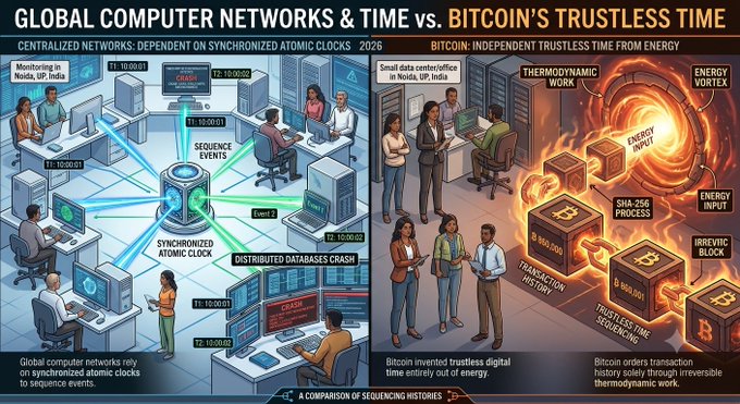 An infographic titled 'GLOBAL COMPUTER NETWORKS & TIME vs. BITCOIN'S TRUSTLESS TIME' comparing centralized synchronized atomic clocks with Bitcoin's thermodynamic energy-based trustless time sequencing.