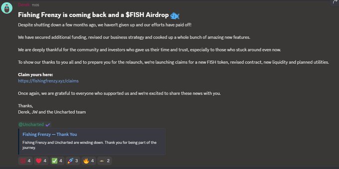 A Discord post titled 'Fishing Frenzy is coming back and a $FISH Airdrop' with a fish emoji, thanking supporters and linking to https://fishingfrenzy.xyz/claims, signed by Derek, JW and the Uncharted team.
