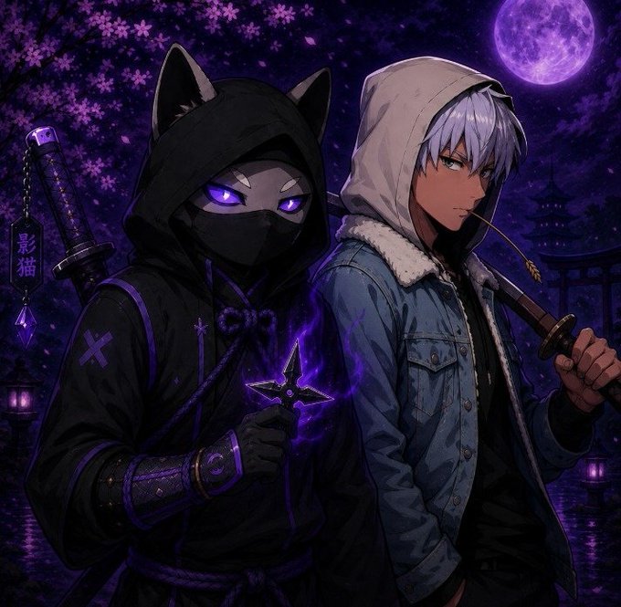 ikebana flowers and a full moon illuminate the night sky, with two characters in black and purple attire standing on opposite sides of a river.