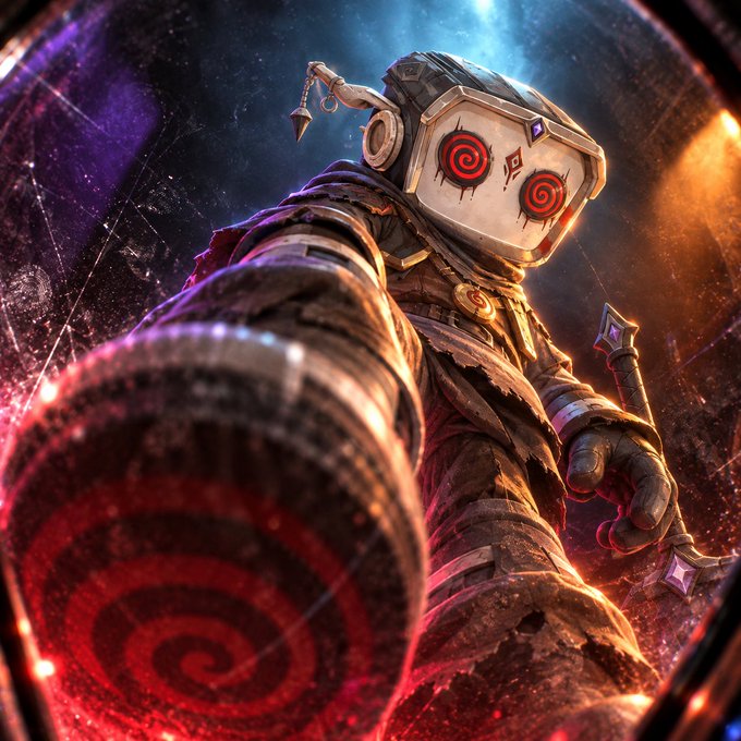 A hooded, sword-wielding figure wearing a mask with hypnotic red spiral eyes extends an arm bearing a matching spiral emblem, set against a cosmic, shattered-glass backdrop. The image visually echoes the cryptic "GM NFTs" caption through its mysterious, spiral-motif aesthetic and enigmatic character, suggesting a stylized promotional or thematic NFT project artwork.