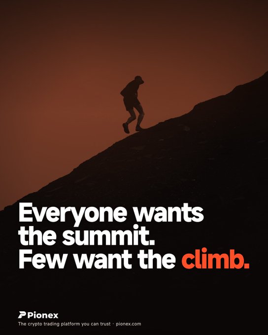 An advertisement for Pionex crypto trading platform shows a silhouette of a person climbing a steep hill with the text 'Everyone wants the summit. Few want the climb.'