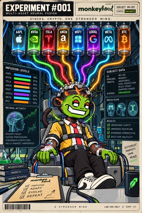 A stylized illustration labeled 'EXPERIMENT #001' and 'MULTI-ASSET NEURAL FUSION' shows a green-skinned monkey character connected by glowing tubes to vials labeled with tickers like 'AAPL', 'NVDA', 'TSLA', 'AMZN', 'MSFT', 'GOOGL', 'META', and 'BTC'.